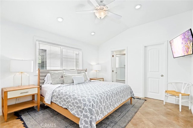 bedroom featuring lofted ceiling, baseboards, recessed lighting, light tile patterned floors, and ceiling fan