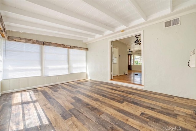 2550 5th Ave, Merced, CA 95340 - unfurnished room with wood finished floors, beam ceiling, and ceiling fan