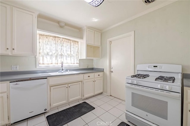 2550 5th Ave, Merced, CA 95340 - kitchen with white appliances, ornamental molding, white cabinets, and light tile patterned floors