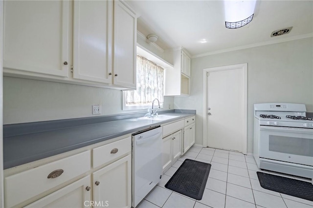 2550 5th Ave, Merced, CA 95340 - kitchen featuring white appliances, white cabinets, crown molding, and light tile patterned floors