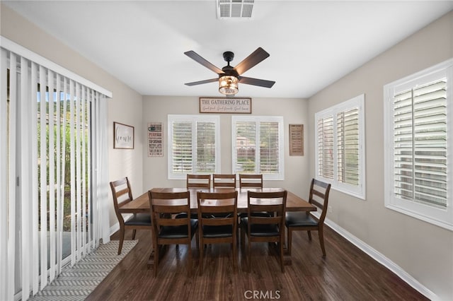 20536 Black Walnut Ct, Wildomar, CA 92595 - dining space featuring dark wood-type flooring, baseboards, and a ceiling fan