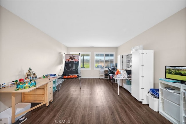20536 Black Walnut Ct, Wildomar, CA 92595 - playroom with dark wood-style floors, an office area, and baseboards