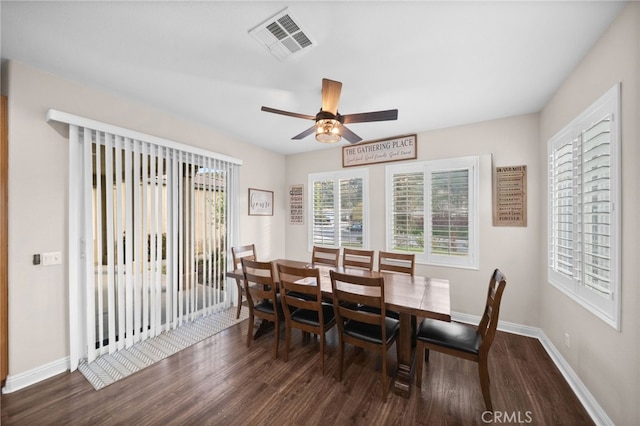 dining room featuring visible vents, baseboards, ceiling fan, and wood finished floors