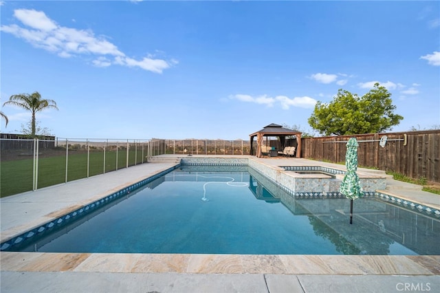 view of swimming pool featuring a gazebo, a fenced backyard, an in ground hot tub, and a fenced in pool