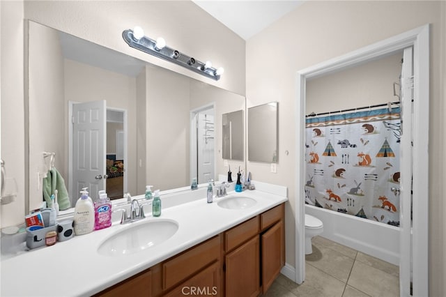 20536 Black Walnut Ct, Wildomar, CA 92595 - full bath featuring toilet, double vanity, tile patterned floors, and shower / tub combo with curtain