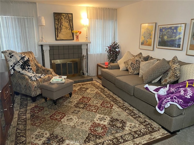 living room with a fireplace