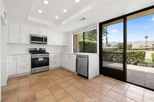 263 Serena Dr, Palm Desert, CA 92260 - kitchen with stainless steel appliances, a mountain view, healthy amount of natural light, recessed lighting, and light countertops