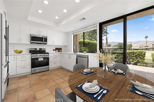 kitchen with stainless steel appliances, a mountain view, recessed lighting, light countertops, and a sink