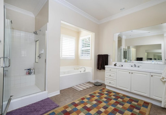 2927 Rancho Cortes, Carlsbad, CA 92009 - full bathroom with crown molding, a shower stall, vanity, a garden tub, and baseboards