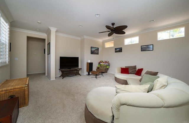 2927 Rancho Cortes, Carlsbad, CA 92009 - living area with ceiling fan, ornamental molding, light carpet, and baseboards