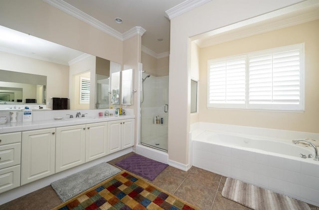 2927 Rancho Cortes, Carlsbad, CA 92009 - bathroom with a garden tub, a shower stall, vanity, ornamental molding, and tile patterned floors