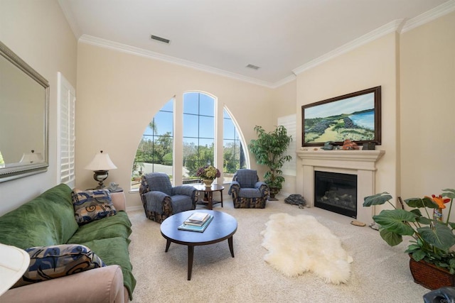 2927 Rancho Cortes, Carlsbad, CA 92009 - carpeted living area featuring ornamental molding and a glass covered fireplace