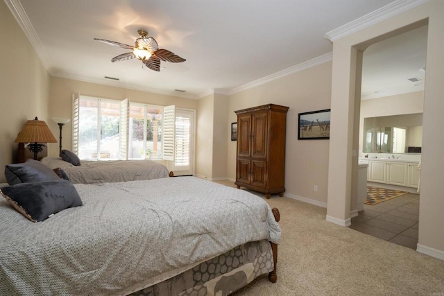 2927 Rancho Cortes, Carlsbad, CA 92009 - bedroom with light carpet, ornamental molding, baseboards, ensuite bathroom, and ceiling fan
