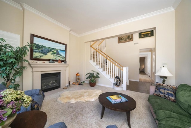 2927 Rancho Cortes, Carlsbad, CA 92009 - living area featuring stairway, ornamental molding, a glass covered fireplace, and carpet floors