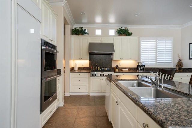 2927 Rancho Cortes, Carlsbad, CA 92009 - kitchen with under cabinet range hood, appliances with stainless steel finishes, a sink, crown molding, and plenty of natural light