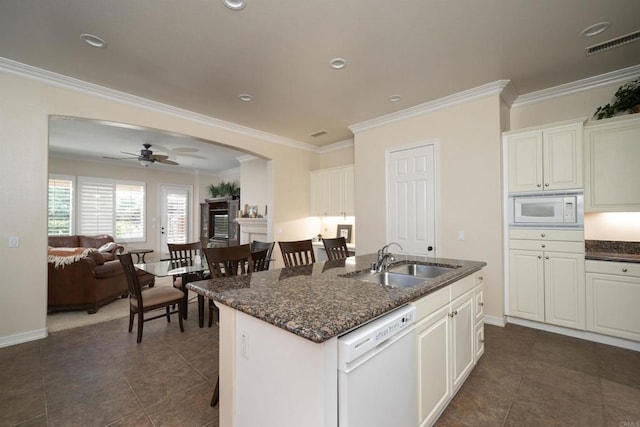 2927 Rancho Cortes, Carlsbad, CA 92009 - kitchen with white appliances, a sink, an island with sink, a ceiling fan, and open floor plan