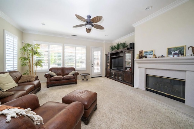 2927 Rancho Cortes, Carlsbad, CA 92009 - carpeted living room with ceiling fan, crown molding, and a premium fireplace