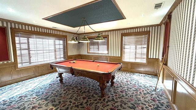 rec room featuring wainscoting, billiards, visible vents, and carpet floors