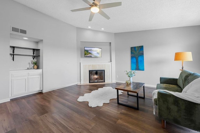 5170 Clairemont Mesa Blvd Unit 27, San Diego, CA 92117 - living area with a ceiling fan, wood finished floors, recessed lighting, a high end fireplace, and a textured ceiling