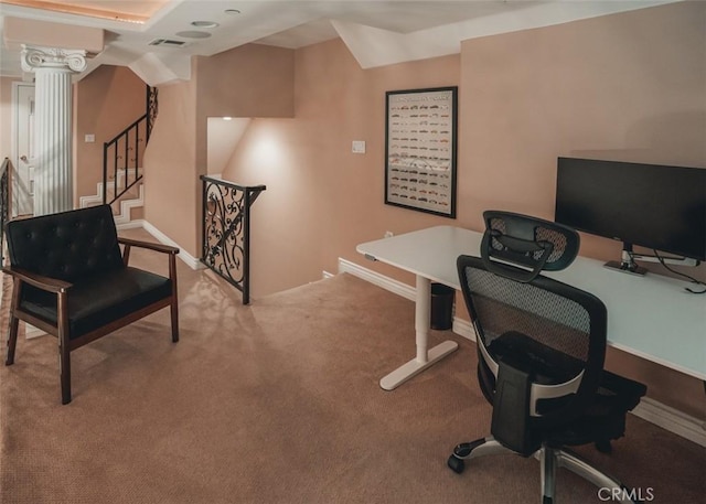 1153 San Rafael Ave Unit 105, Glendale, CA 91202 - office area with visible vents, baseboards, decorative columns, and carpet