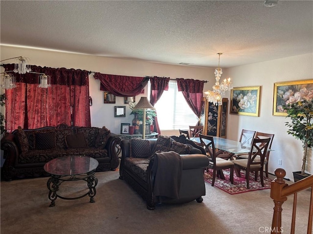 3324 Rosegold Ave, Rosamond, CA 93560 - living room with carpet floors, visible vents, a textured ceiling, and a notable chandelier