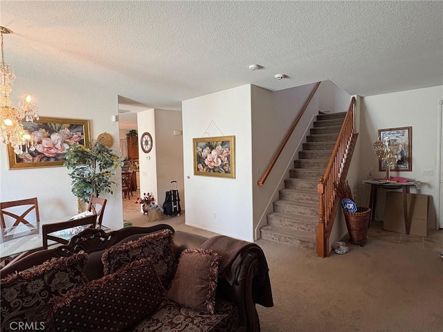 3324 Rosegold Ave, Rosamond, CA 93560 - carpeted living area featuring stairs, a textured ceiling, and a chandelier