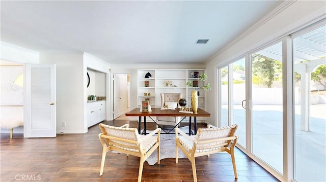 19201 Barrett Ln, North Tustin, CA 92705 - dining space featuring dark wood-style floors, an office area, and ornamental molding