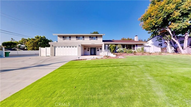 19201 Barrett Ln, North Tustin, CA 92705 - view of front facade with a garage, concrete driveway, stucco siding, and a chimney