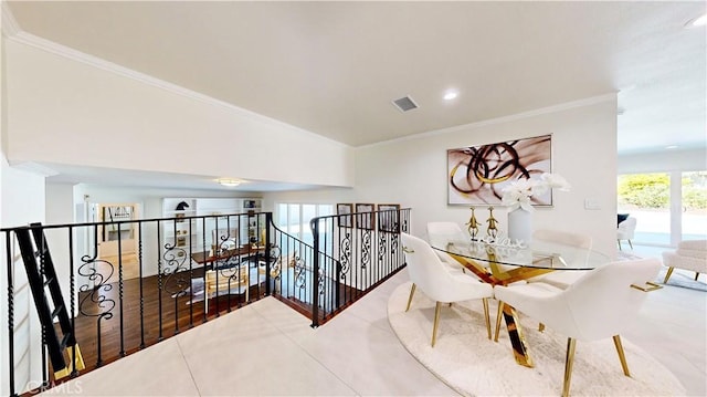 19201 Barrett Ln, North Tustin, CA 92705 - dining area featuring ornamental molding, tile patterned flooring, and recessed lighting