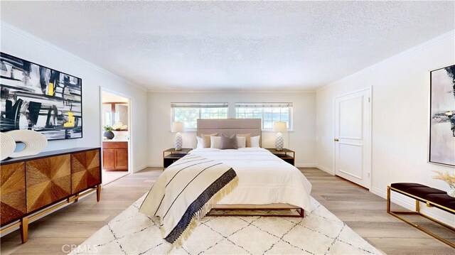 19201 Barrett Ln, North Tustin, CA 92705 - bedroom featuring crown molding, a textured ceiling, light wood-style flooring, and baseboards