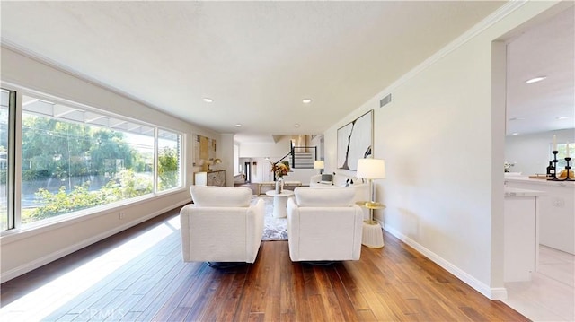 19201 Barrett Ln, North Tustin, CA 92705 - living room featuring hardwood / wood-style floors, baseboards, stairs, and recessed lighting