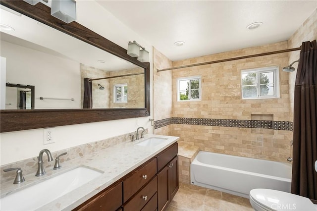 19201 Barrett Ln, North Tustin, CA 92705 - bathroom with shower / bath combination with curtain, double vanity, and tile patterned floors
