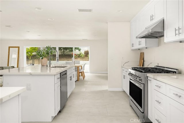 19201 Barrett Ln, North Tustin, CA 92705 - kitchen with appliances with stainless steel finishes, range hood, healthy amount of natural light, white cabinets, and recessed lighting