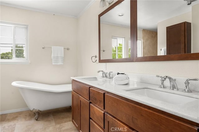 19201 Barrett Ln, North Tustin, CA 92705 - full bath featuring double vanity, ornamental molding, and a freestanding tub
