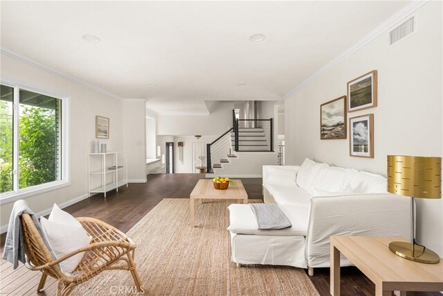 19201 Barrett Ln, North Tustin, CA 92705 - living room with stairway, wood finished floors, and ornamental molding
