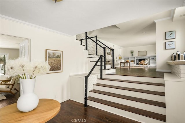 19201 Barrett Ln, North Tustin, CA 92705 - staircase featuring hardwood / wood-style floors and ornamental molding