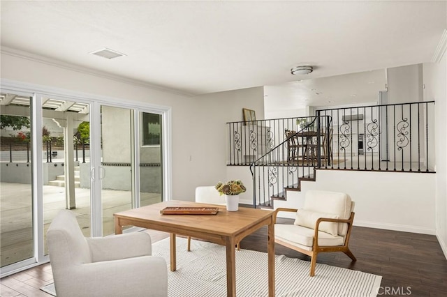 19201 Barrett Ln, North Tustin, CA 92705 - living room with wood finished floors, ornamental molding, and stairway