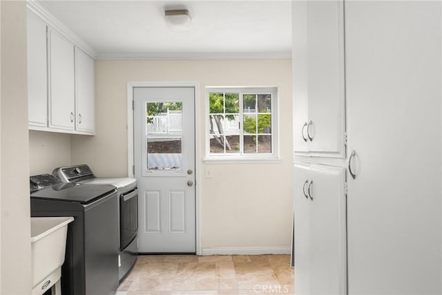 19201 Barrett Ln, North Tustin, CA 92705 - laundry room featuring cabinet space, independent washer and dryer, and ornamental molding
