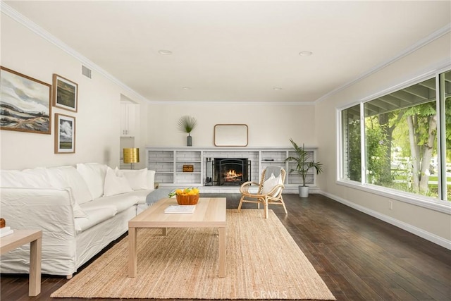 19201 Barrett Ln, North Tustin, CA 92705 - living room with ornamental molding, dark wood finished floors, and a fireplace
