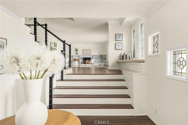 19201 Barrett Ln, North Tustin, CA 92705 - stairway featuring wood finished floors and crown molding