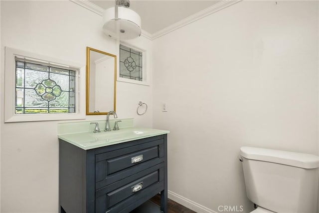 19201 Barrett Ln, North Tustin, CA 92705 - bathroom featuring ornamental molding, vanity, and wood finished floors
