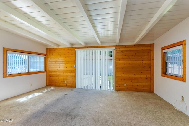 carpeted spare room with wooden walls, beamed ceiling, and a healthy amount of sunlight