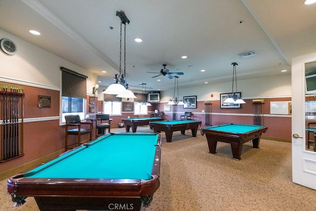 rec room with recessed lighting, carpet, visible vents, and billiards