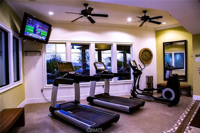gym with ornamental molding, ceiling fan, recessed lighting, and baseboards