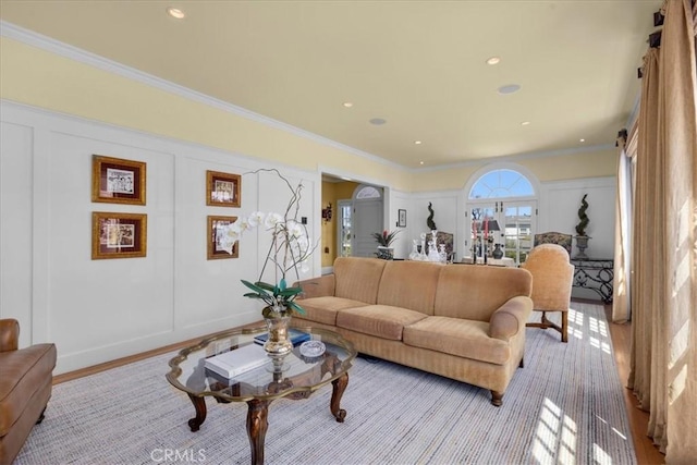 1239 S Patton Ave, San Pedro, CA 90731 - living room featuring ornamental molding, a decorative wall, and recessed lighting