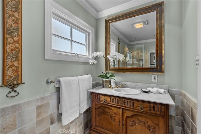 1239 S Patton Ave, San Pedro, CA 90731 - bathroom with vanity, crown molding, and tile walls