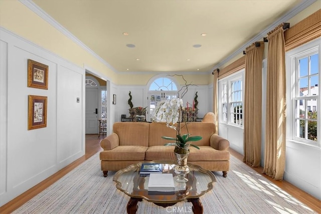 1239 S Patton Ave, San Pedro, CA 90731 - living room featuring light wood finished floors and ornamental molding