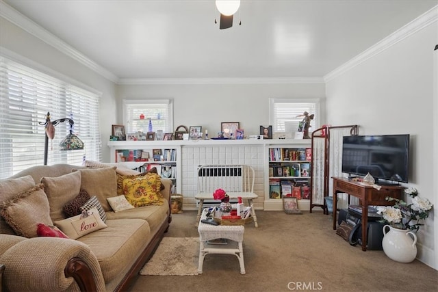 1239 S Patton Ave, San Pedro, CA 90731 - living area with plenty of natural light, ornamental molding, carpet flooring, a tile fireplace, and ceiling fan