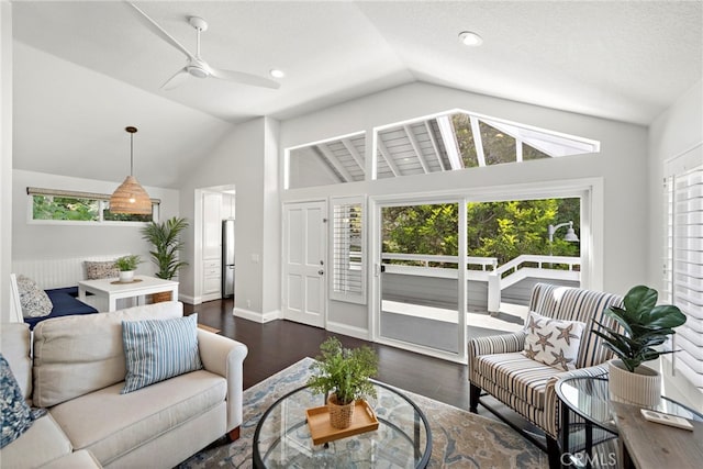195 Hartford Dr Unit 111, Newport Beach, CA 92660 - living area featuring wood finished floors, vaulted ceiling, and a ceiling fan