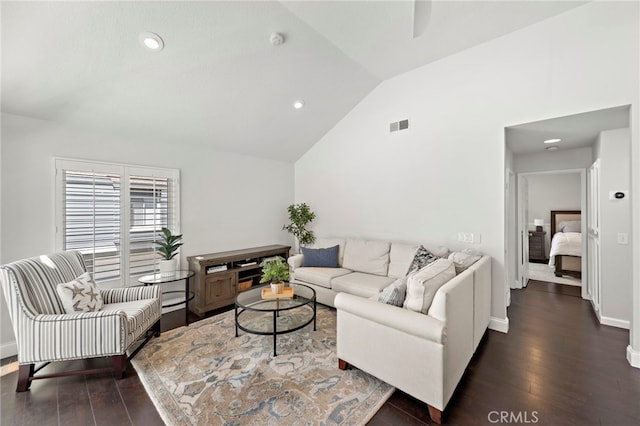 195 Hartford Dr Unit 111, Newport Beach, CA 92660 - living room featuring lofted ceiling, baseboards, recessed lighting, visible vents, and dark wood finished floors